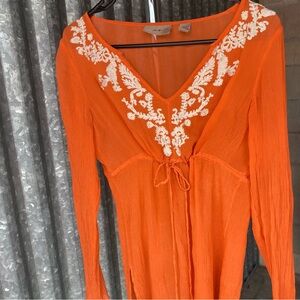 Y2K 100% Silk Orange Embroidered Fairy Blouse Size Small